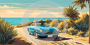 1980s car cruising along Italian coastline: minimalist summer scene