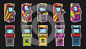 1980s game machines. Retro gamer screen. Abstract nineties logo. 1990s entertainment collection. Arcade electronic