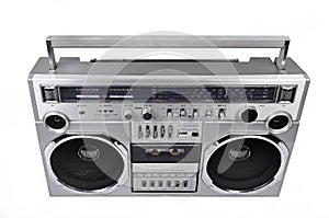 1980s Silver radio boom box isolated on white. above