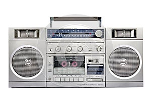 1980s Silver radio boom box isolated on white. front