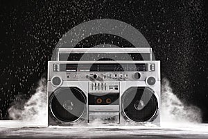 1980s Silver Retro ghetto blaster and dust isolated on black wit