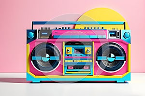 1980s Style Boombox with Vibrant Hues of Neon Pink, Electric Blue, and Sunburst Yellow - Cassette Deck