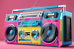 1980s Style Boombox with Vibrant Hues of Neon Pink, Electric Blue, and Sunburst Yellow - Cassette Deck