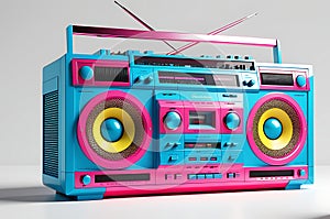 1980s Style Boombox with Vibrant Hues of Neon Pink, Electric Blue, and Sunburst Yellow - Cassette Deck