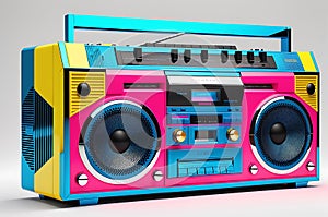 1980s Style Boombox with Vibrant Hues of Neon Pink, Electric Blue, and Sunburst Yellow - Cassette Deck