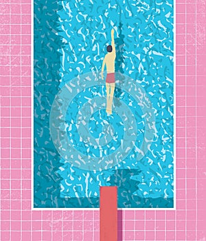 1980s style summer holiday poster with swimmer in swimming pool. Pink grunge worn tiles and water texture.