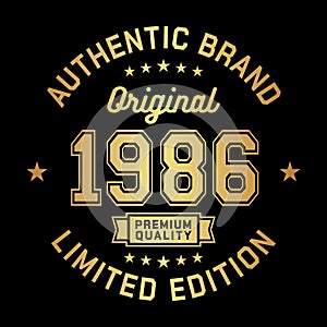 1986 Authentic brand. Apparel fashion design. Graphic design for t-shirt.