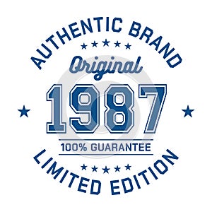 1987 Authentic brand. Apparel fashion design. Graphic design for t-shirt.