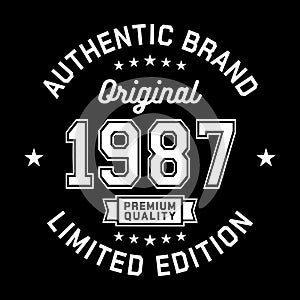 1987 Authentic brand. Apparel fashion design. Graphic design for t-shirt.