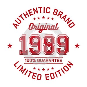 1989 Authentic brand. Apparel fashion design. Graphic design for t-shirt.