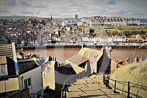 The 199 steps and the town of Whitby in very early spring.