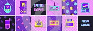 1990s geek stickers, windows elements. Neon 90s interface, retro pixel phone. bright patterns. vintage computer and