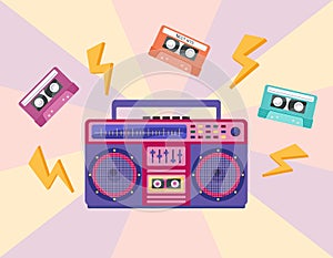 1990s music. Vibrant boombox and tapes isolated. Audio recorder retro device from 80s 90s. Flat vector illustration of colorful