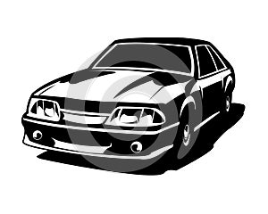 1990s mustang car silhouette. isolated white background view from side. vector muscle car legend with speed.