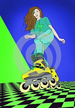 1990s Roller Blade Skating Girl Graphic Illustration