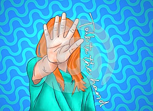 1990s Woman with Popular Gesture of Talk to the Hand Graphic Illustration and Text