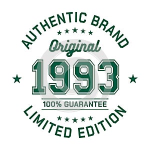 1993 Authentic brand. Apparel fashion design. Graphic design for t-shirt.