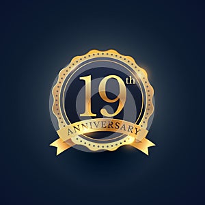 19th anniversary celebration badge label in golden color