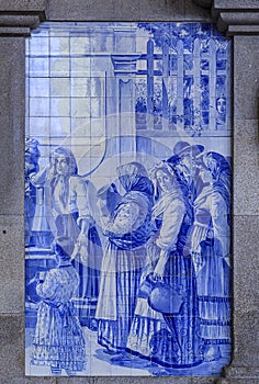 19th-century azulejo tilework in the main hall of Porto Sao Bento train station in Porto, Portugal famous for the tiles