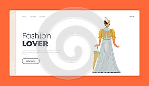 19th Century Fashion Lover Landing Page Template. Elegant Lady in Beautiful Vintage Dress, Victorian Woman