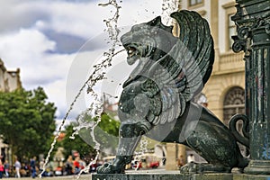 19th century Fountain of the Lions or Fonte dos Leoes with 4 statues on Praca de Gomes Teixeira square in Porto Portugal