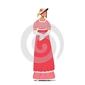 19th Century Lady, Victorian English or French Woman Wear Elegant Gown and Hat Isolated on White Background