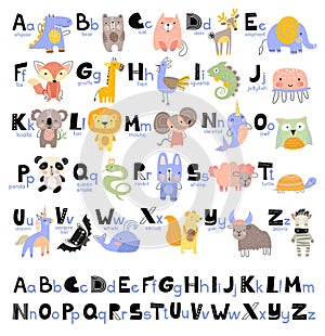 1Funny Alphabet for young children with names and pictures of animals assigned to each letter. Learning English for kids
