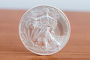 1oz fine silver one dollar Bullion Coin. Side with Walking Liberty and United States` official motto: in god we trust