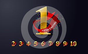 1st Anniversary Celebration Emblem Design. Golden Colour For Celebration, Certificate, Invitation Card, And Greeting Card For