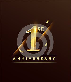 1st anniversary glowing logotype with confetti golden colored isolated on dark background, vector design for greeting card and