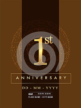 1st anniversary poster design on golden and elegant background, vector design for anniversary celebration, greeting card and