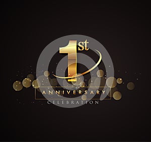 1st golden anniversary logo with swoosh and sparkle golden colored isolated on elegant background, vector design for greeting card