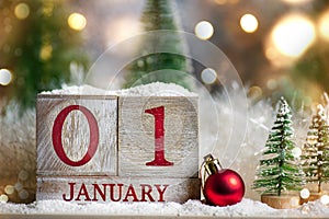 1st January sign for New Year with festive Christmas background