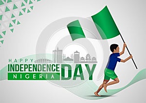 1st October Nigeria Independence Day template. boy running with flag. vector illustration
