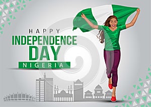 1st October Nigeria Independence Day. young girl running with holding Nigeria flag in her hands behind. vector illustration