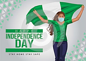 1st October Nigeria Independence Day. young girl running with holding Nigeria flag in her hands behind. vector illustration1st