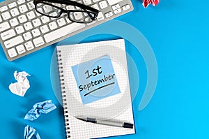 1st September. Image of september 1, calendar on blue background. Back to school concept