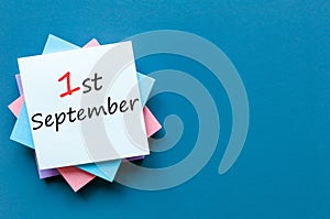 1st September. Image of september 1, calendar on blue background. Back to school concept