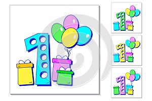 1st year anniversary celebration card. Greeting card with number 1, colorful balloons and gifts. Set of different color cards for