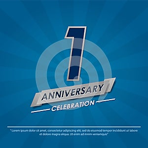 1st year anniversary celebration emblem. anniversary elegance silver logo isolated with ribbon on blue background, vector