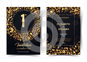 1st year birthday vector black paper luxury invitation double card. One year wedding anniversary celebration brochure