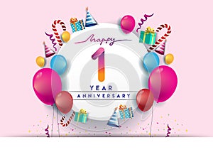1st years Anniversary Celebration Design with balloons and gift box, Colorful design elements for banner and invitation card