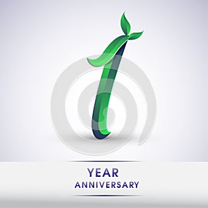 1st years anniversary celebration logotype with leaf and green colored. Vector design for greeting card and invitation card on