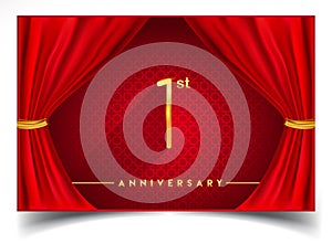 1st years golden anniversary logo with glowing golden colors isolated on realistic red curtain, vector design for greeting card,