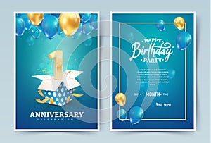 1th years birthday vector invitation double card. One years anniversary celebration brochure. Template of invitational