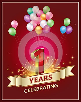 1year anniversary celebrating. Golden numbers with fireworks on red background with ribbon and balloons. Vector illustration