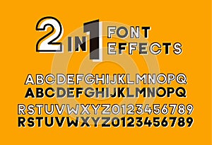 2 in 1 font effects. Set of two sans serif alphabet graphic styles. Outline and bold shadow. Vector design vintage retro style