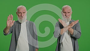 2-in-1 Split Green Screen Montage. An Old Man Shows a Prohibition and Stop Sign.