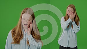 2-in-1 Split Green Screen. Portrait Of A Teenage Girl Holding Her Cheek, Indicating A Painful Tooth.