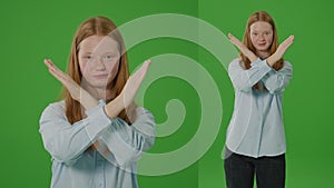 2-in-1 SplitGreen ScreenTeenage Girl Firmly Shows A Stop Sign, Crossing Her Arms A Symbol Of Refusal